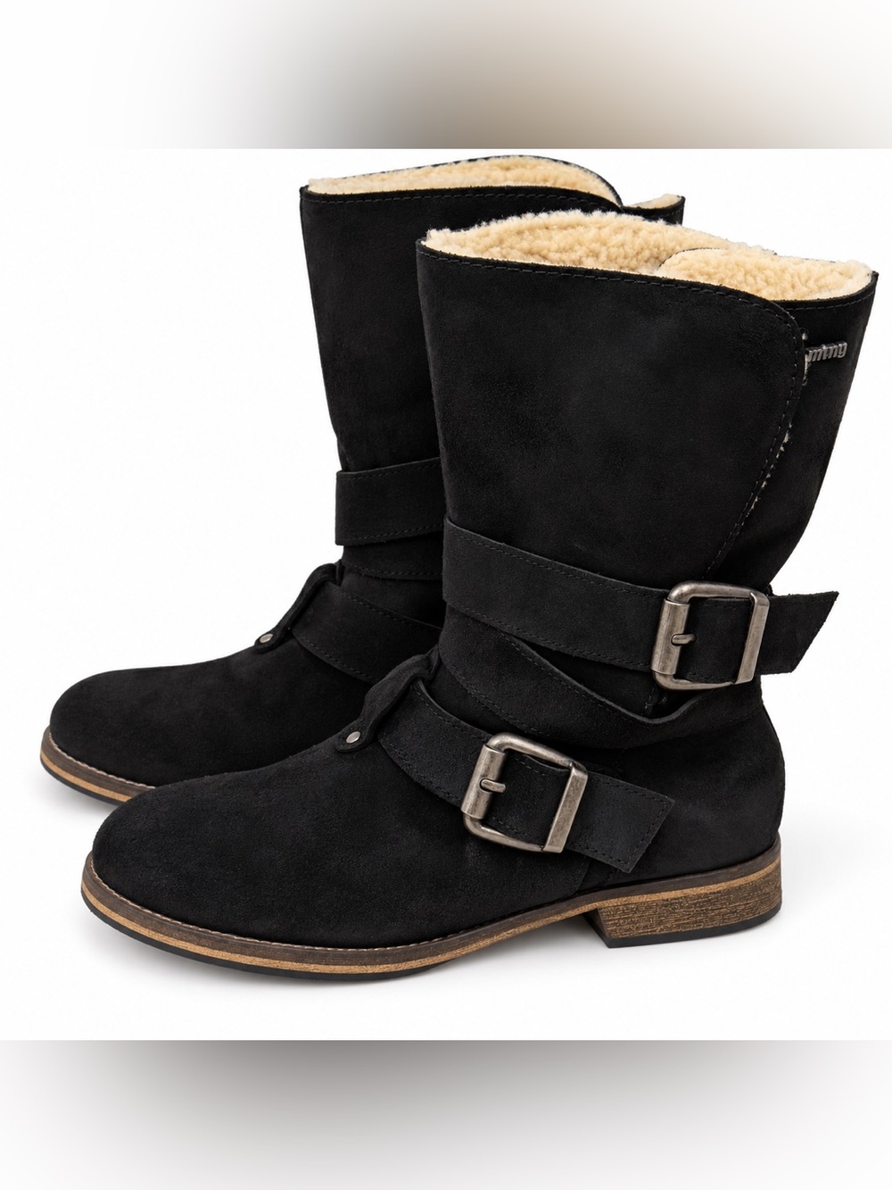 MTNG Mustang Black Buckle Moto Boots Size 39 Made in Spain Faux Shearling Lined